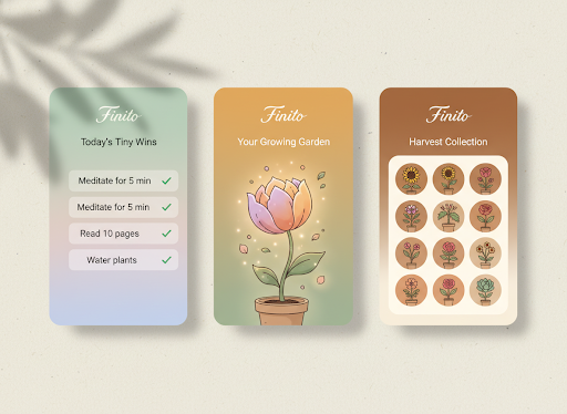 Three screens of the Finito app side by side: a list of today's tiny wins, a growing digital tulip flower, and a grid showing a harvest collection of various drawn flowers.